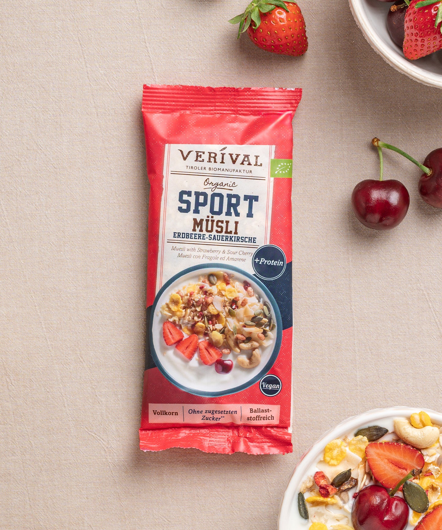 Die Protein-Probierbox Top 10 von Verival Bio enthält 10 verschiedene Einzelportionspackungen von proteinreichen Verival Frühstücksprodukten.